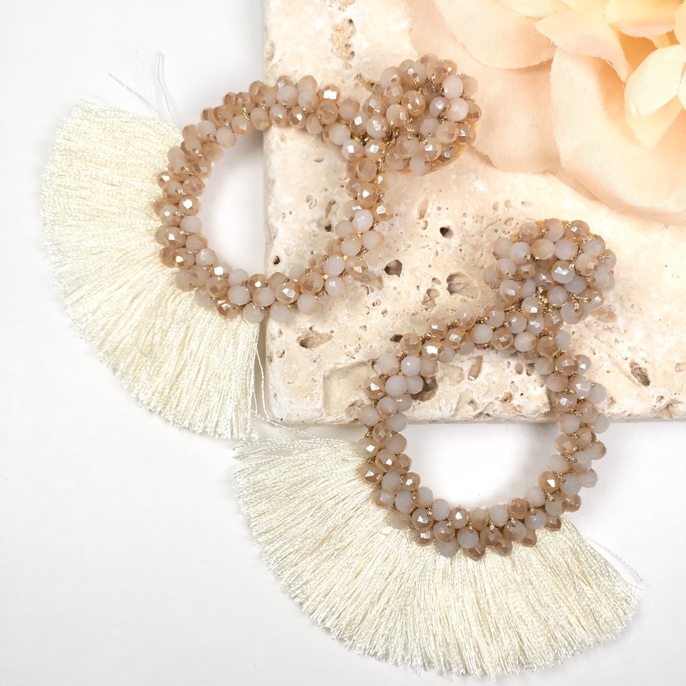 Beaded Hoop Tassel Geometric Statement Earrings - Picture 2 of 6
